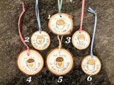 Hand-painted coffee lover tree slice ornament