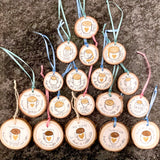 Hand-painted coffee lover tree slice ornament