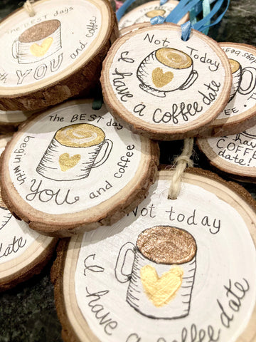 Hand-painted coffee lover tree slice ornament